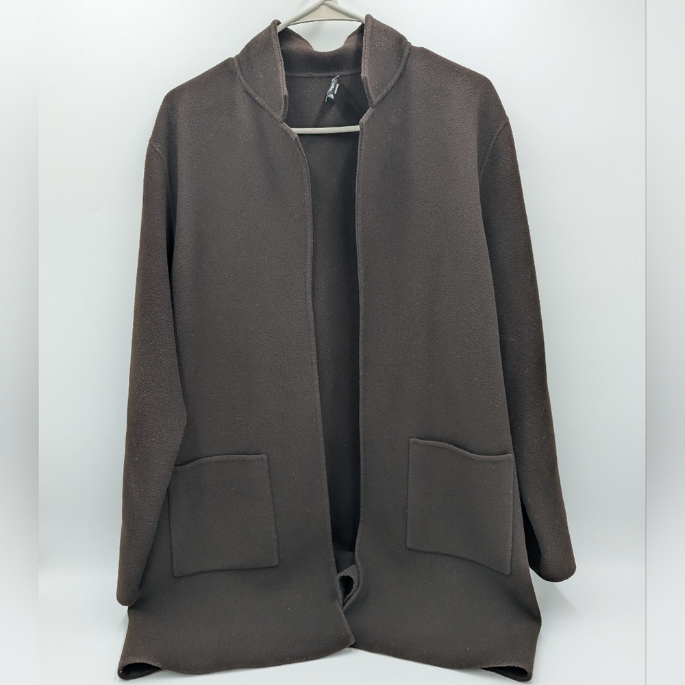 Eileen Fisher Brown Wool Cashmere Open Front Cardigan Lagenlook Minimalist L